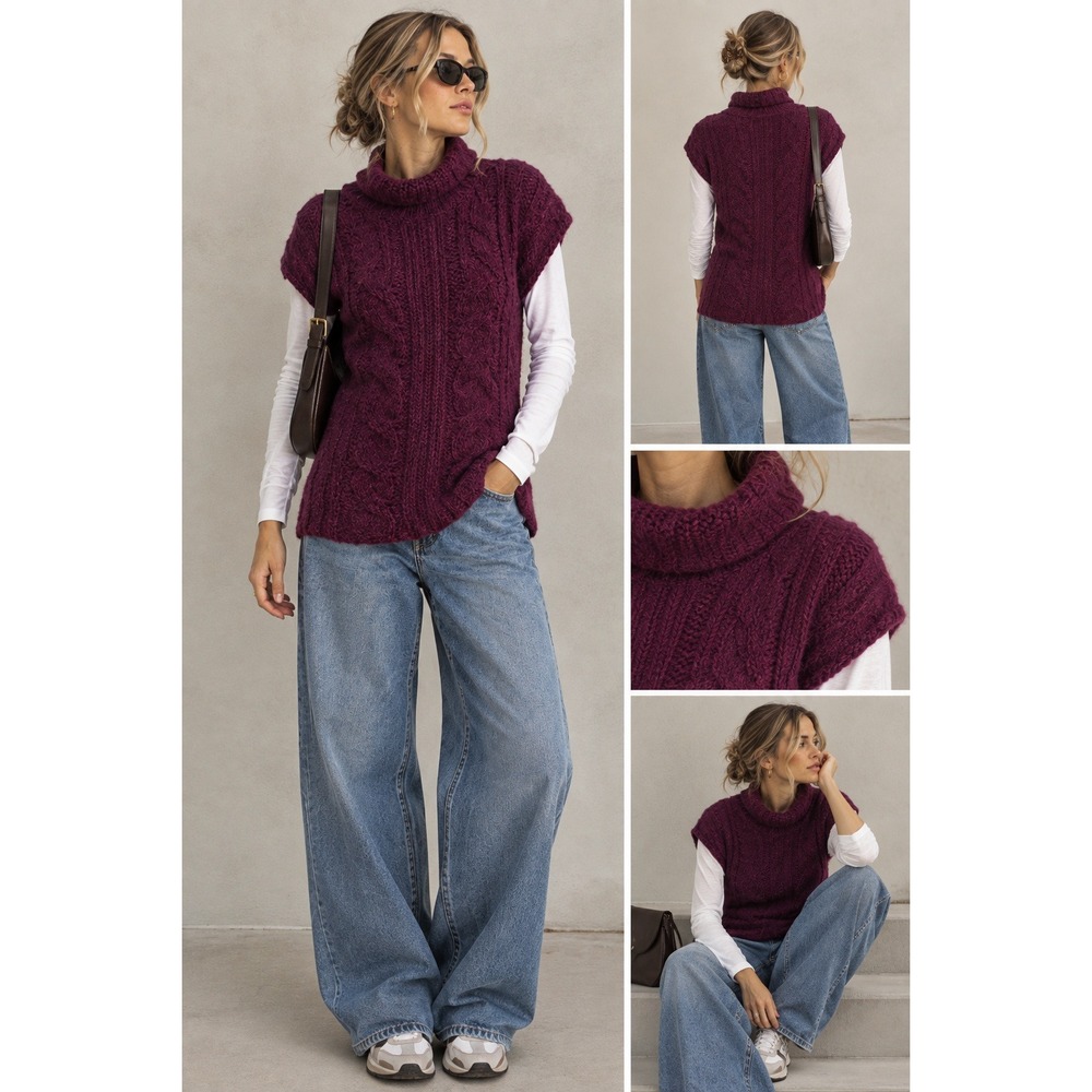 Banana Republic Y2K Sweater Womens Small Burgundy Alpaca Wool Cable Knit